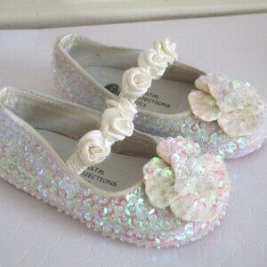 Ivory Sequin Girls Flats‎ Shoes Dance Recital Dress-Up Easter 0 4Inf 6 4 5 NEW